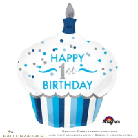 Folienballon Cupcake 1st Birthday blau holographic 91cm = 36inch