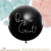 Latexballon Gender Reveal Rund Boy or Girl schwarz, mit Konfetti Ø90cm = 36inch Umf. 250cm