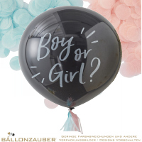 Latexballon Gender Reveal Rund Boy or Girl schwarz, mit Konfetti und Tassels Ø90cm = 36inch Umf. 250cm