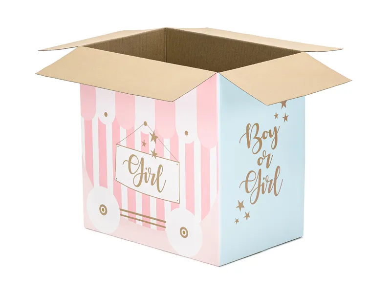 Gender Reveal - Boy or Girl Karton mit Folienherzen oder Rundballons