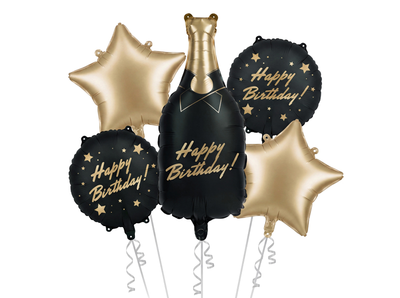 Ballonbouquet - Happy Birthday Gold & Schwarz Sektflasche Geburtstag Folienballon Set